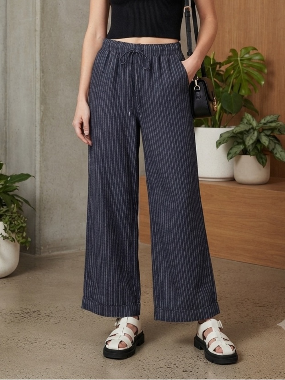 Women's wide leg Blue Striped Linen Blend Pull-On Casual flowy Pants xs